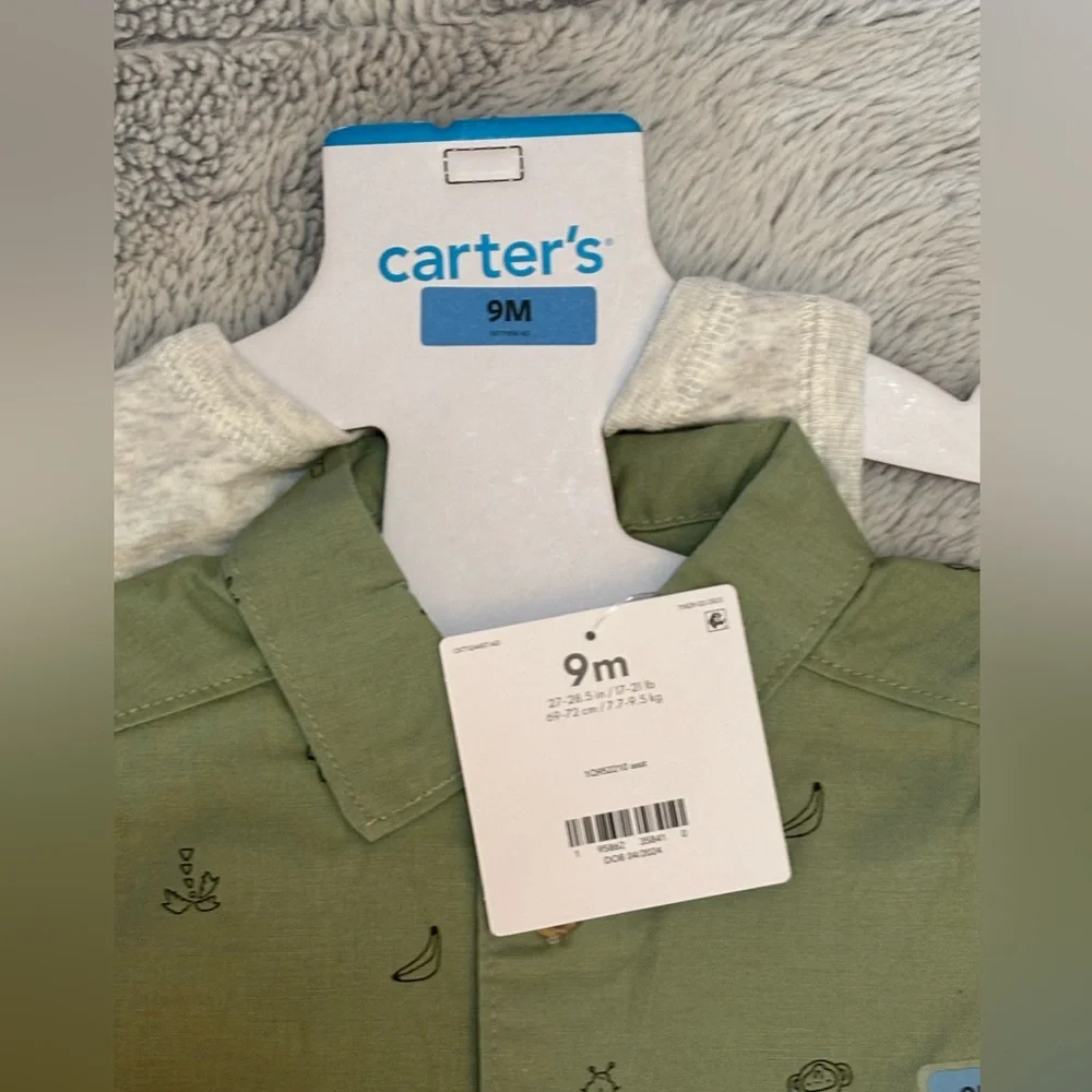 Carter's 3 pc set, Olive short sleeve shirt, Shorts & grey bodysuit, size 9 mos